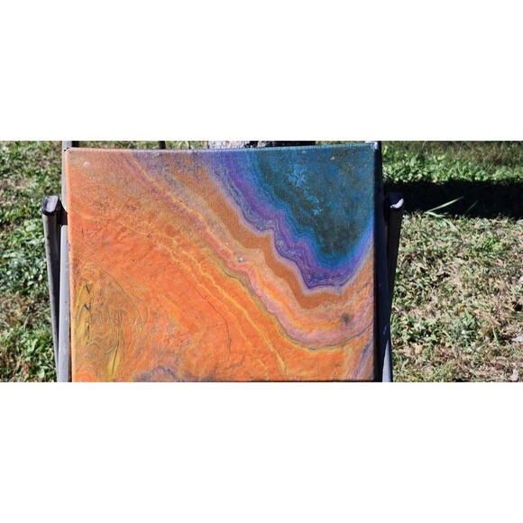 Sunset Veins Orange & Blue Acrylic Pour – 14x11 Handmade Abstract Canvas Art - Picture 1 of 1